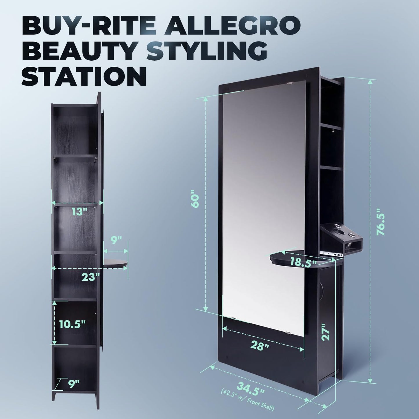 Buy-Rite Allegro Hair Styling Station, Black Salon Cabinet with Full-Length Mirror, Slide-Out Appliance Organizer, Quick-Access Tool Holder, 9 Storage Compartments, OD-1903B-BLK