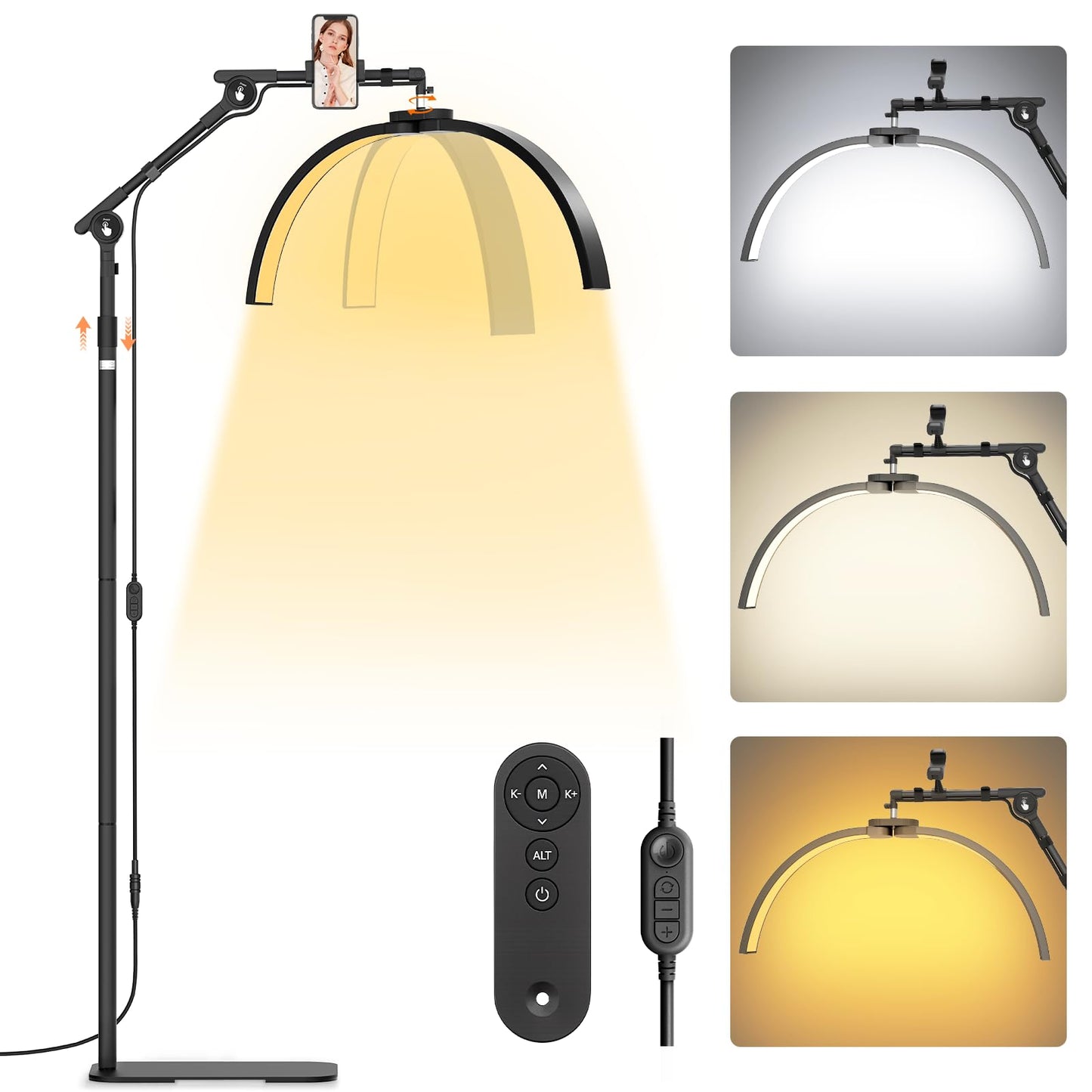 LIONVISON Half Moon Lash Lighting LED Lamp - 45W Portable Floor Light with Phone Holder, Black, Model 0001, Aluminum