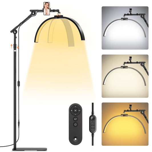 LIONVISON Half Moon Lash Lighting LED Lamp - 45W Portable Floor Light with Phone Holder, Black, Model 0001, Aluminum