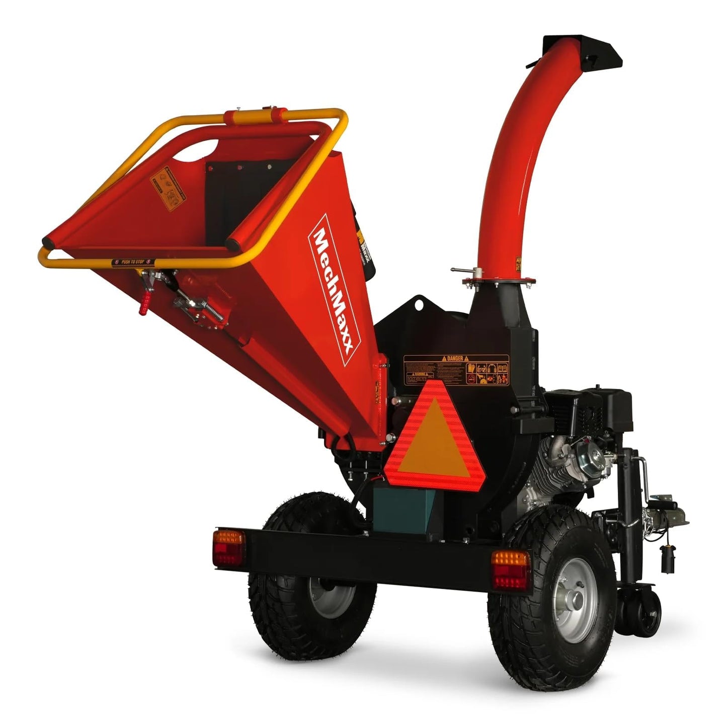 MechMaxx 5'' Inch E-Start 420cc 15hp Gas Powered Wood Chipper Shredder Mulcher with Tail Light, Towbar, Emergency Stop Button, Stop Bar, Model P4205 Red