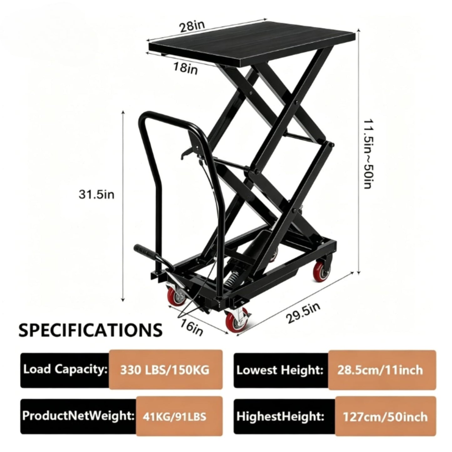 330lbs Capacity Hydraulic Lift Table Cart with 50”Lifting Height - Manual Double Scissor Lift Table with Locking Wheels and Non-Slip Pad - Hydraulic Scissor Cart for Material Handling