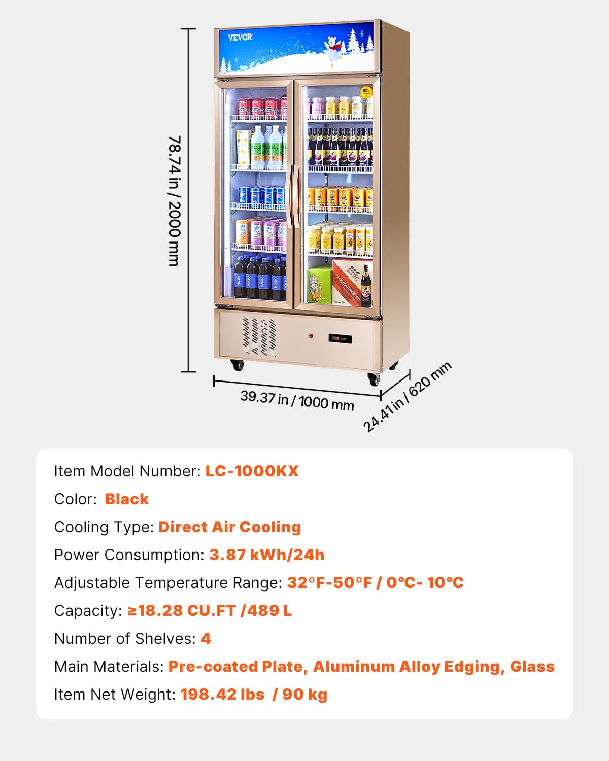 VEVOR Commercial Merchandiser Refrigerator 2 Glass Doors, 23 Cubic Ft, Upright Display Beverage Cooler 79" Tall x 39.4" Width, Fridge with LED Lighting for Drink Wine Soda, Gold