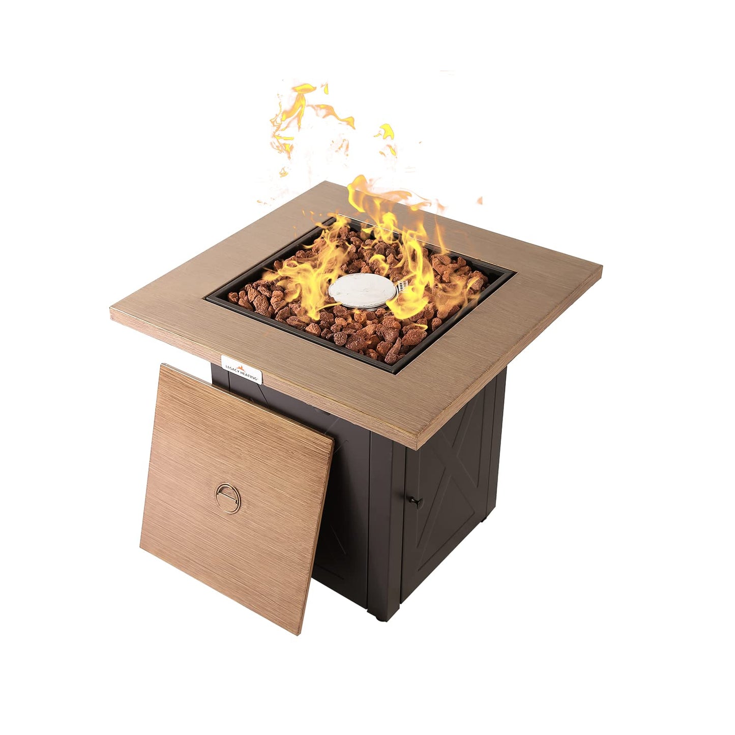 Outdoor Fire Tables, 50,000 BTU Patio Fire Pit Table Prop ane Fireplace for Backyard, Deck, Multi-Use Square Gas Fire Pit with Lid & Lava Rock, Table Top Firepit, Wood Table and Mocha Base