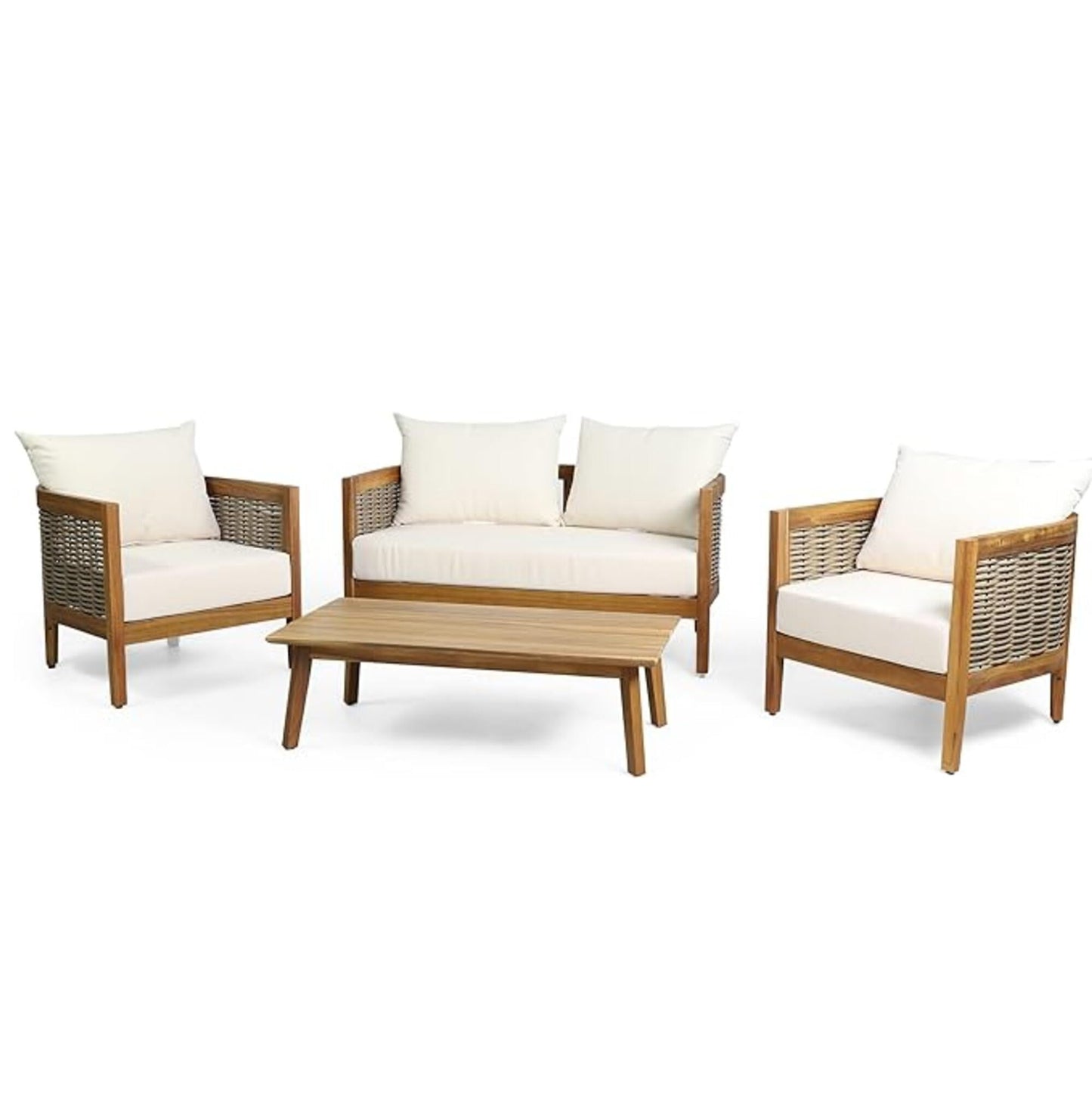 Merax 4-Piece Outdoor Acacia Wood Wicker Conversation Set with Loveseat,Club Chairs and Coffetable for Backyard Garden