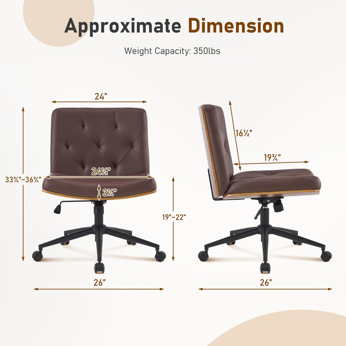 Furnimart Heavy-Duty Curved FSC Wood Desk Chair 360° Swivel, Faux Leather Criss Cross Chair with Wheels Wide Seat, Comfy Armless Cross Legged Sitting for Bedroom, Office, Vanity (PU Brown)
