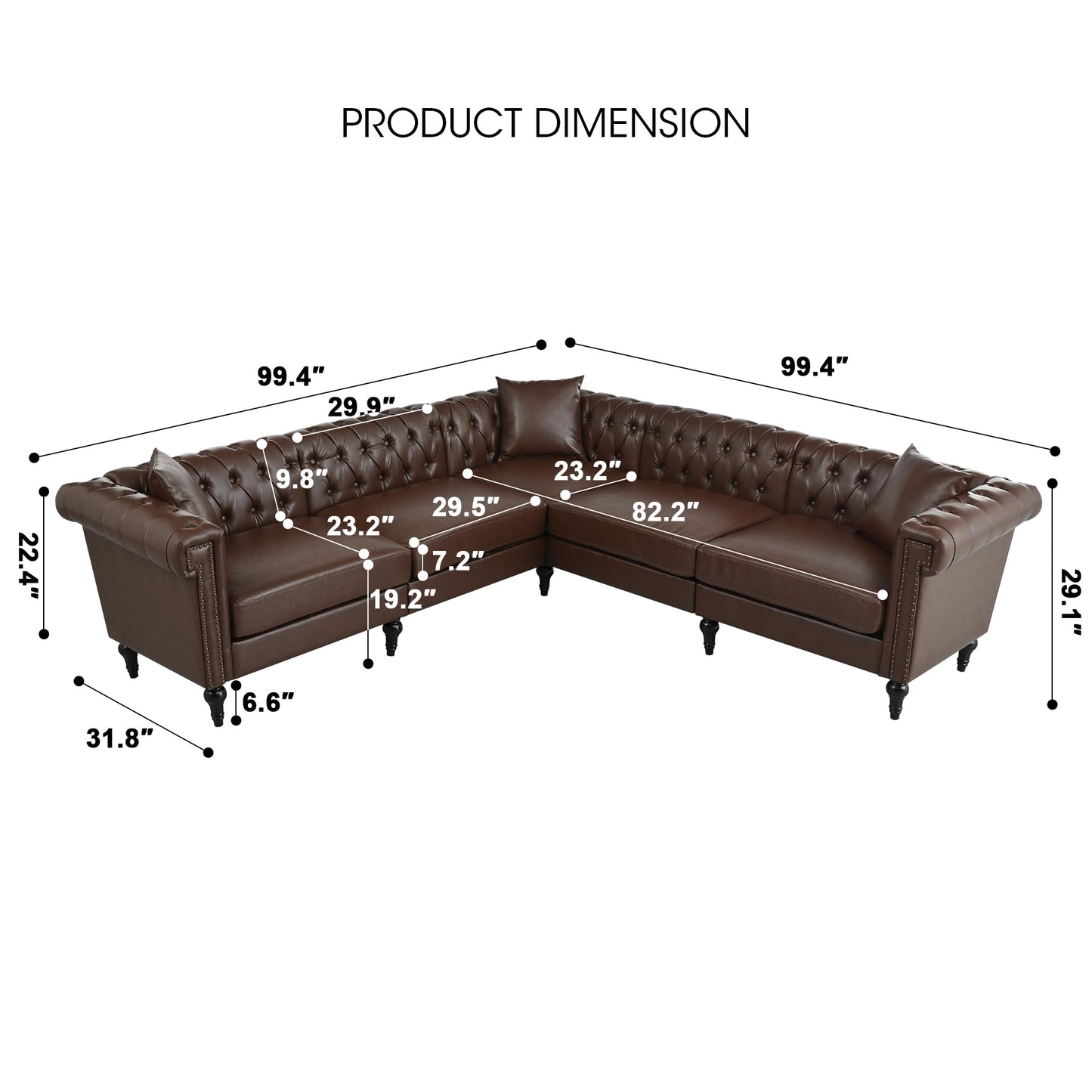 Eafurn Symmetrical L-Shaped Chesterfield Sectional Sofa, Tufted Faux Leather Sofa with Thickness Cushions, Rolled Arms & Nailhead Trim, 5-Seat Corner Couch for Living Room, Apartment or Office