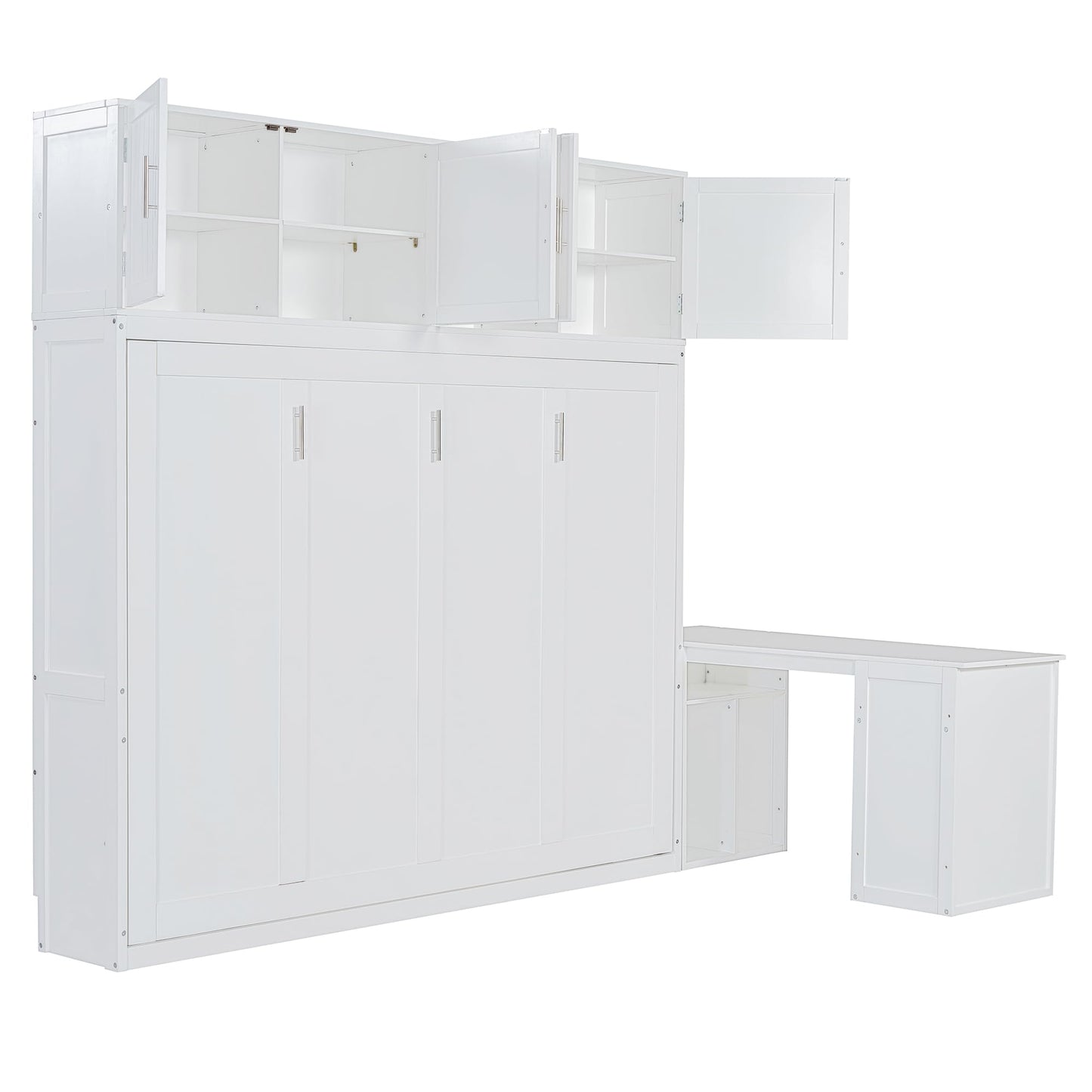 Merax Queen Size Wall Murphy Bed with Desk and Storage Shelves and Big Cabinets for Guest Room, Bed Room, Guest Room, Home Office, White