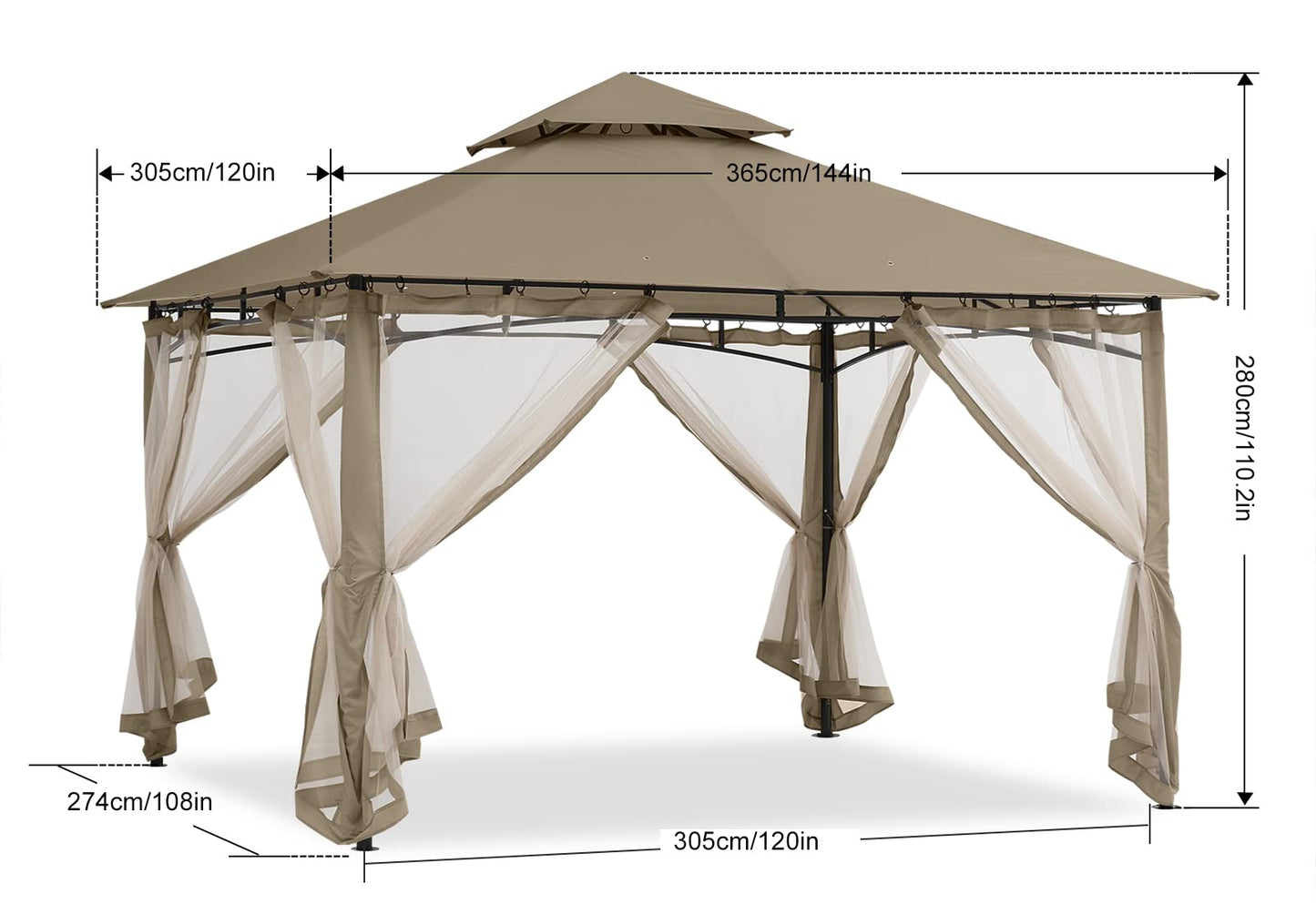 ABCCANOPY Gazebos for Patios 10x12 - Outdoor Steel Frame Gazebo with Mosquito Netting for Lawn Backyard Garden Deck (Khaki)