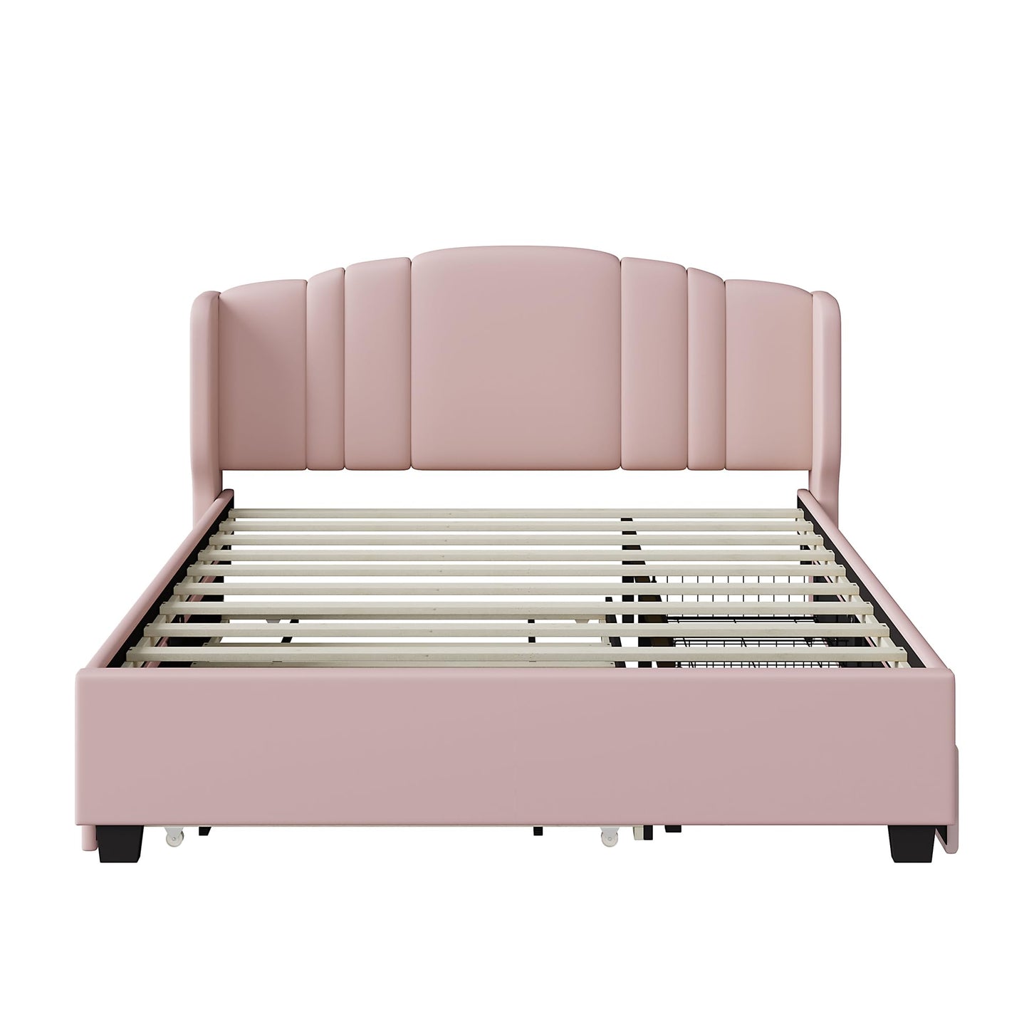 Merax Queen Size Platform Bed Frame with Twin Trundle, Storage 2 Drawers and Upholstered Headboard, No Box Spring Needed