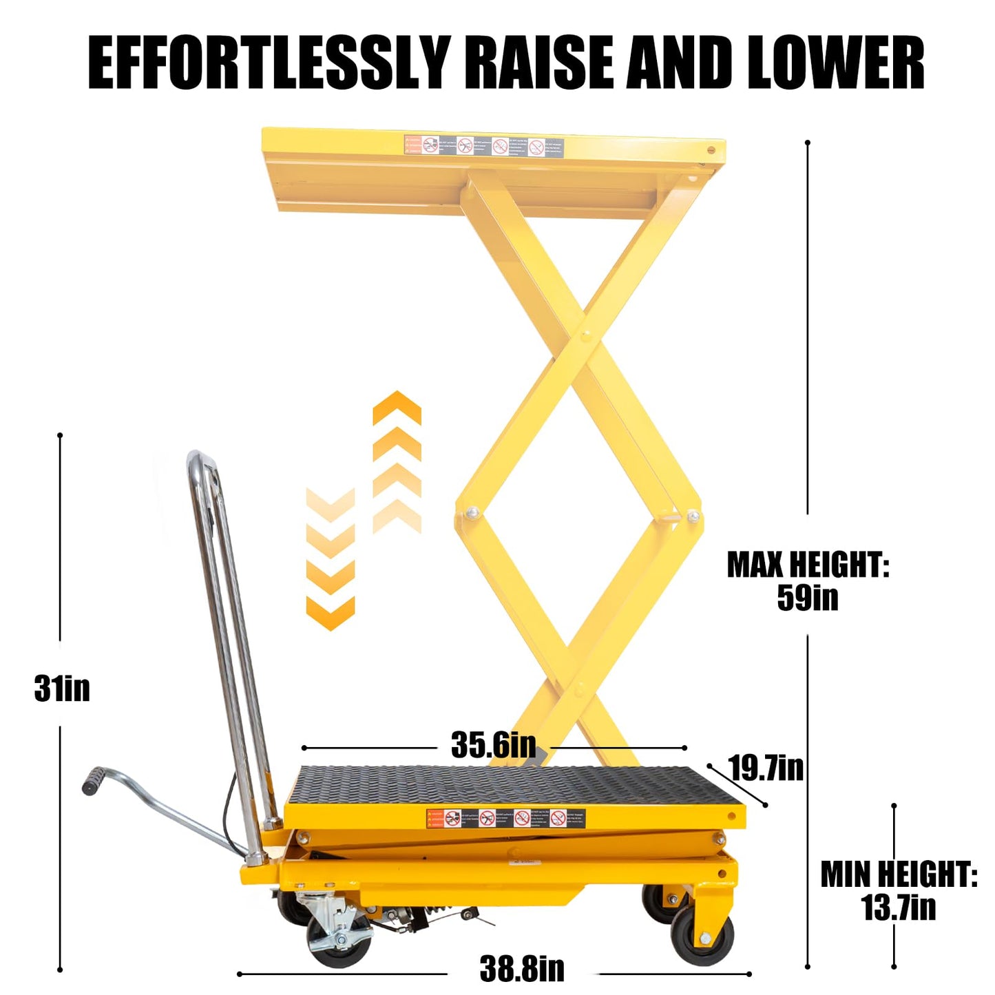Hydraulic Lift Table Cart, 770lbs Capacity 59'' Max Lift, Double Scissor Lift Table w/4 Wheels & Non-Slip Pad, Heavy Duty Hydraulic Platform Lift Cart for Warehouse, Shop, Garage Material Handling