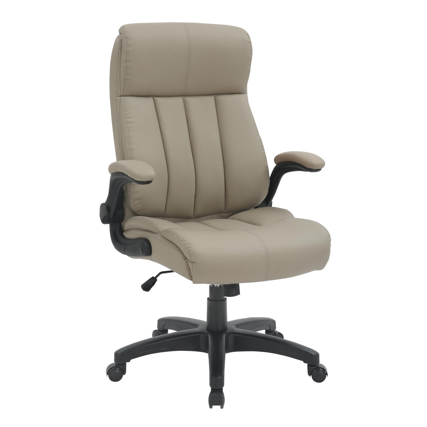 Ergonomic Faux Leather Office Chair, High Back Padded Executive Desk Chair with Flip-Up Armrests, Adjustable Height, Tilt Control, and Smooth-Rolling Wheels for Home and Office Desk, Taupe