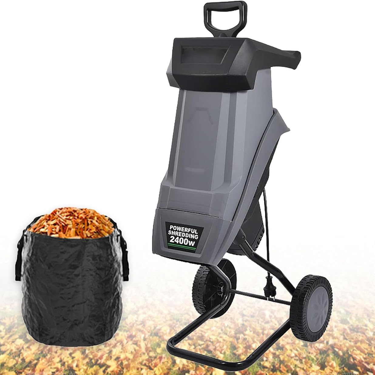 CYMYYDS 2400W Electric Wood Chipper, High-Power Garden Shredder Crusher, Crush up to 40mm, with Wheels and 50L Collection Bag for Garden Debris, Leaves and Branches Grey