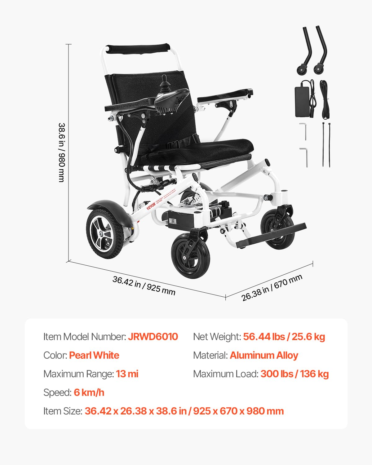 VEVOR Electric Wheelchair for Adults, 300 lbs Capacity & 21" Seat, Foldable Lightweight Motorized Chair, 13-Mile Long Range All-Terrain Power, Portable for Seniors Mobility