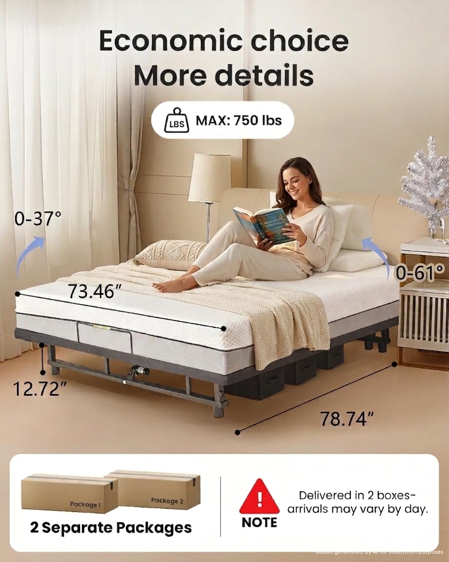 Mixcous King Adjustable Bed Frame Heavy Duty 750 lbs - Zero Gravity Electric Base with Wireless Remote for Back Pain Relief, Head & Foot Incline, Easy Assembly