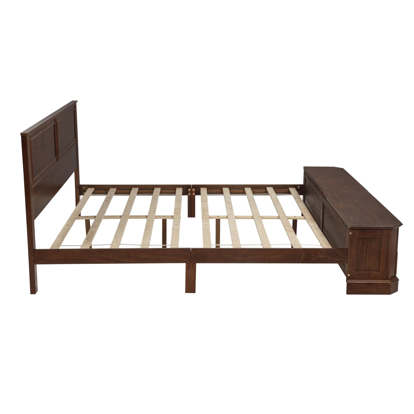 KEIKI Queen Size Farmhouse Style Bed Frame with Storage Bench, 2 Drawers & Lift-Top Compartments, Solid Wood Platform Bed with High Panel Headboard, Under-Bed Storage, No Box Spring Needed, Walnut
