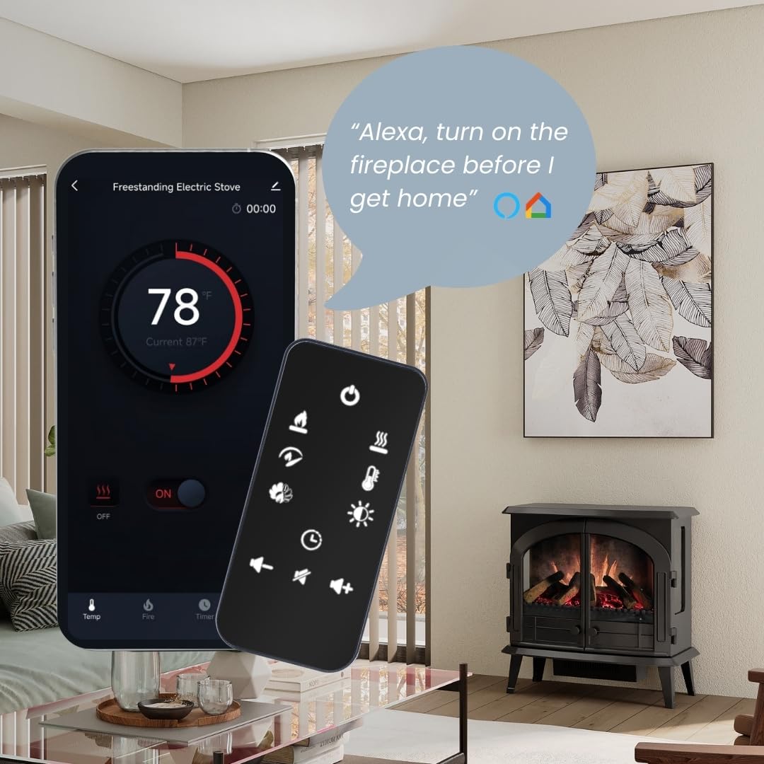 Modern Ember Harlowe Freestanding Electric Fireplace Stove Heater in Black with Multi-Color Ember Bed | Smart Technology | Alexa/WiFi Enabled | 1500W | Indoor Portable Heater | Safety Shutoff