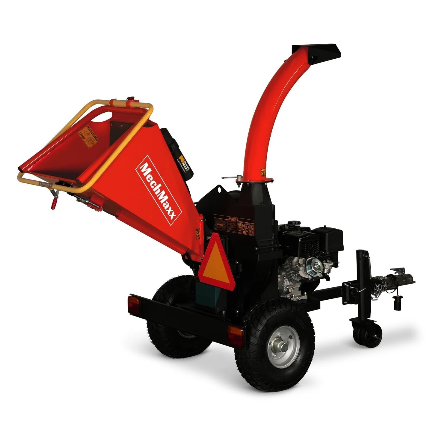 MechMaxx 5'' Inch E-Start 420cc 15hp Gas Powered Wood Chipper Shredder Mulcher with Tail Light, Towbar, Emergency Stop Button, Stop Bar, Model P4205 Red