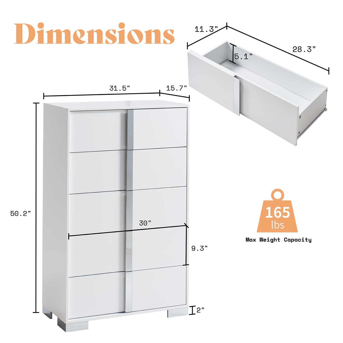AMERLIFE 50.2" H Modern 5 Drawer Dresser, Glossy Surface Chest of Drawers, Large Storage Organizer for Bedroom, Living Room, Cloakroom, Luxury, White