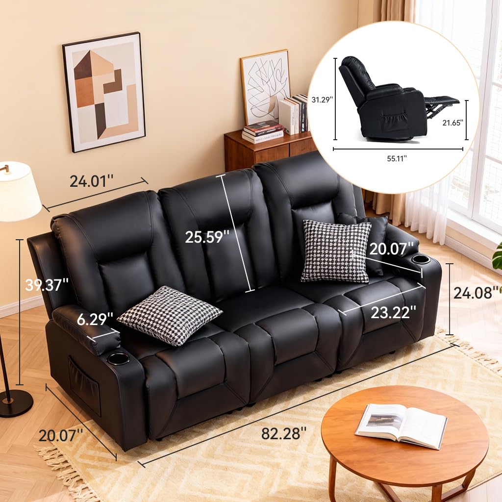 COMHOMA Living Room Furniture Set,Faux Leather Manual Recliner Sofa Sets with Cup Holders,Reclining Couch,Loveseat and Armchair,3,Black