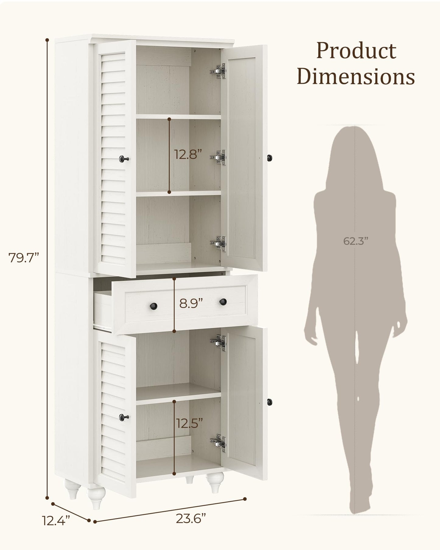 Foxemart 80" Tall Storage Cabinet with Louvered Doors and Adjustable Shelves, Farmhouse Kitchen Pantry Cabinet, Freestanding Storage for Dining Room, Living Room, Home Office, Bathroom, Rustic White