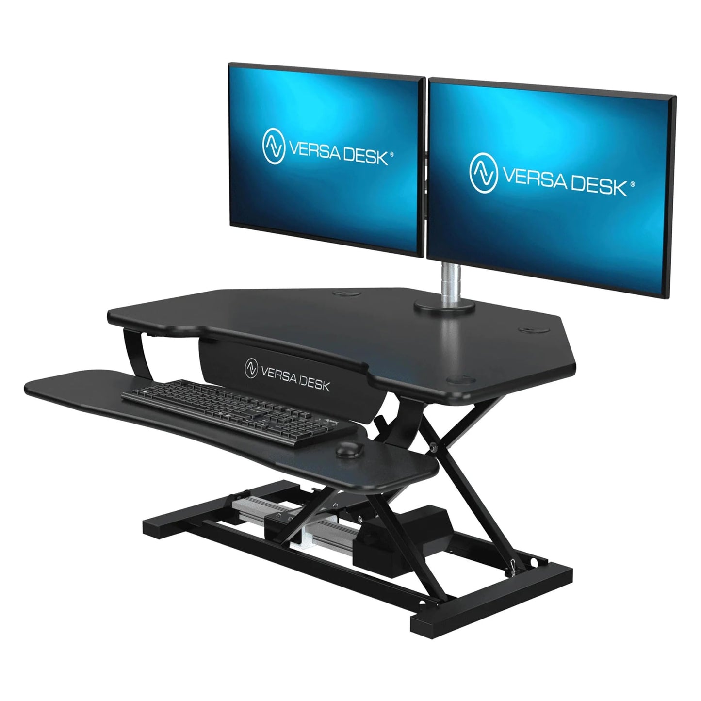 VERSADESK PowerPro 36" Corner Standing Desk Converter, 36 Inch Motorized Height-Adjustable Standup Desk Riser Sit to Stand Desktop with Keyboard and Mouse Tray + USB Charging Port, Black