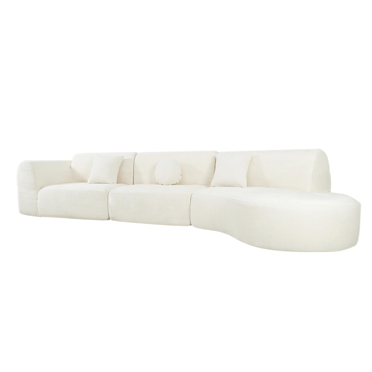 Merax 140" Curved Polyester Sectional Sofa Set, Modern Cloud Couch with Chaise Lounge & 3 Pillows, Fully Assembled for Living Room, Beige