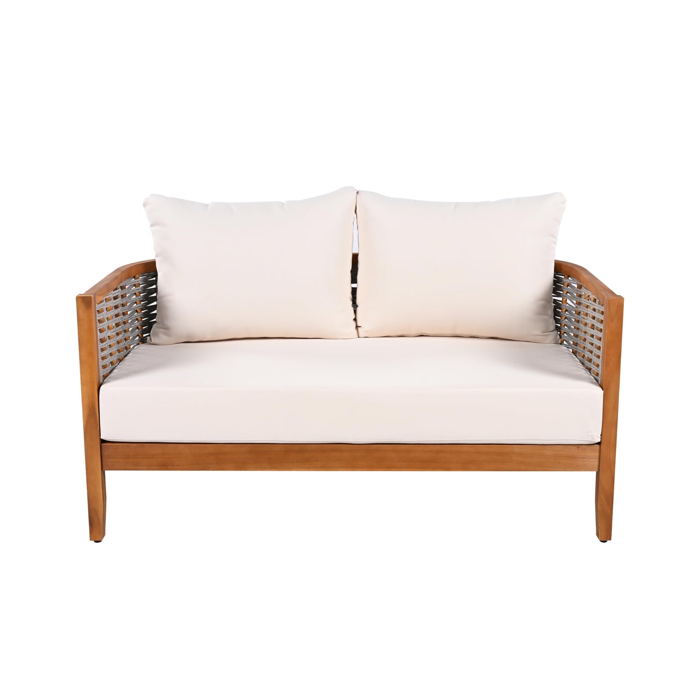 Merax 2 Pieces Acacia Wood Patio Furniture Set, Outdoor Woven Rope Conversation Sets with Deep Seating Soft Cushions Loveseat and Round Coffee Table for Backyard, Porch, Balcony, Garden, Teak & Beige