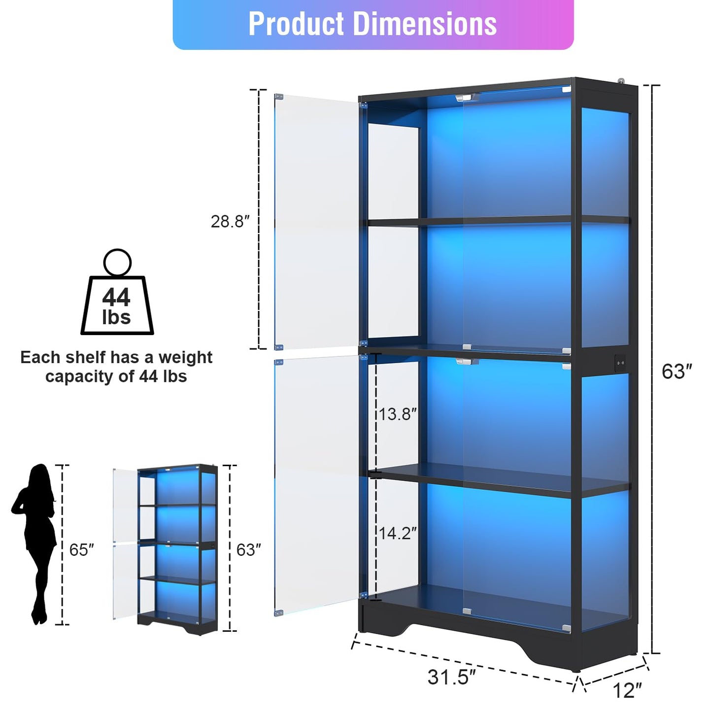 knoworld Display Cabinet with Glass Doors, 63" Tall Curio Cabinet with Human Sensor RGB LED Lights, 4-Tier Glass Display Case with 15mm Thick Shelves for Action Figures, Collectibles, Books - Black