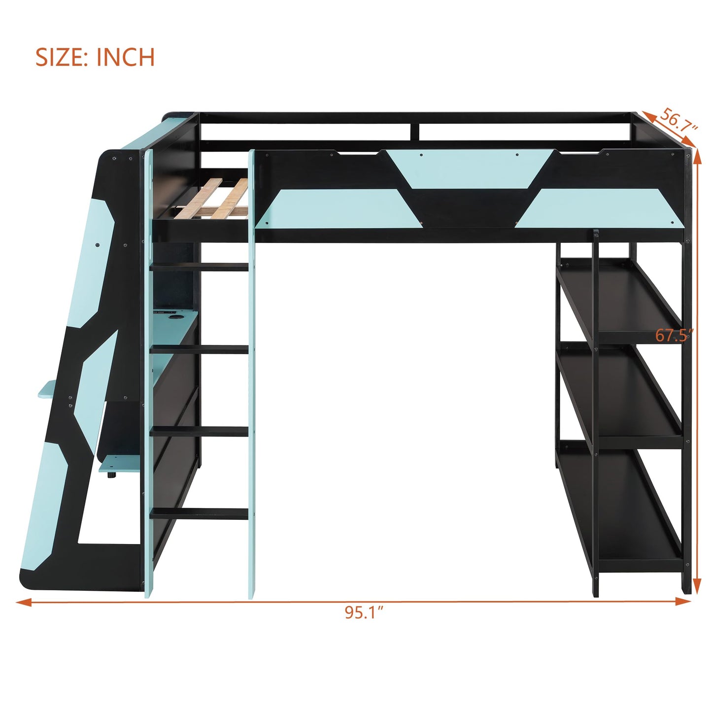 Merax Full Size Gaming Loft Bed with Side-Mounted Desk & 3-Tier Storage Shelves. Space-Saving Bedroom Set with Built-in Power Outlets & USB Ports for Teens & Gamers, Black+Blue