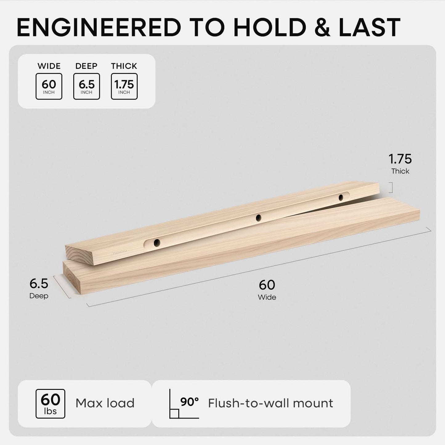 Homeforia 60 inch Wood Floating Shelf, High End Solid Natural Long Wood Shelf for Wall 60 inches, Unfinished Wooden 60inch Large Floating Shelves, Heavy Duty Bracket, 60 X 6.5 X 1.75 in, Set of 2