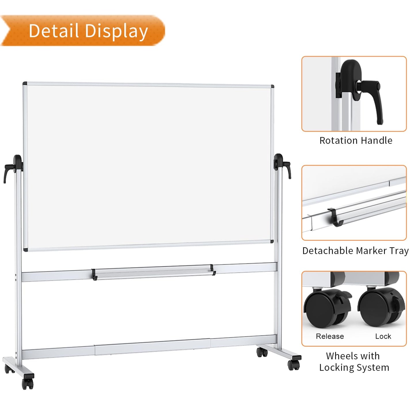 VIZ-PRO Double-Sided Mobile Projection Writing Whiteboard, 72 x 48 Inches, Large Magnetic Rolling Dry Erase Board & Projector Screen with Aluminium Stand