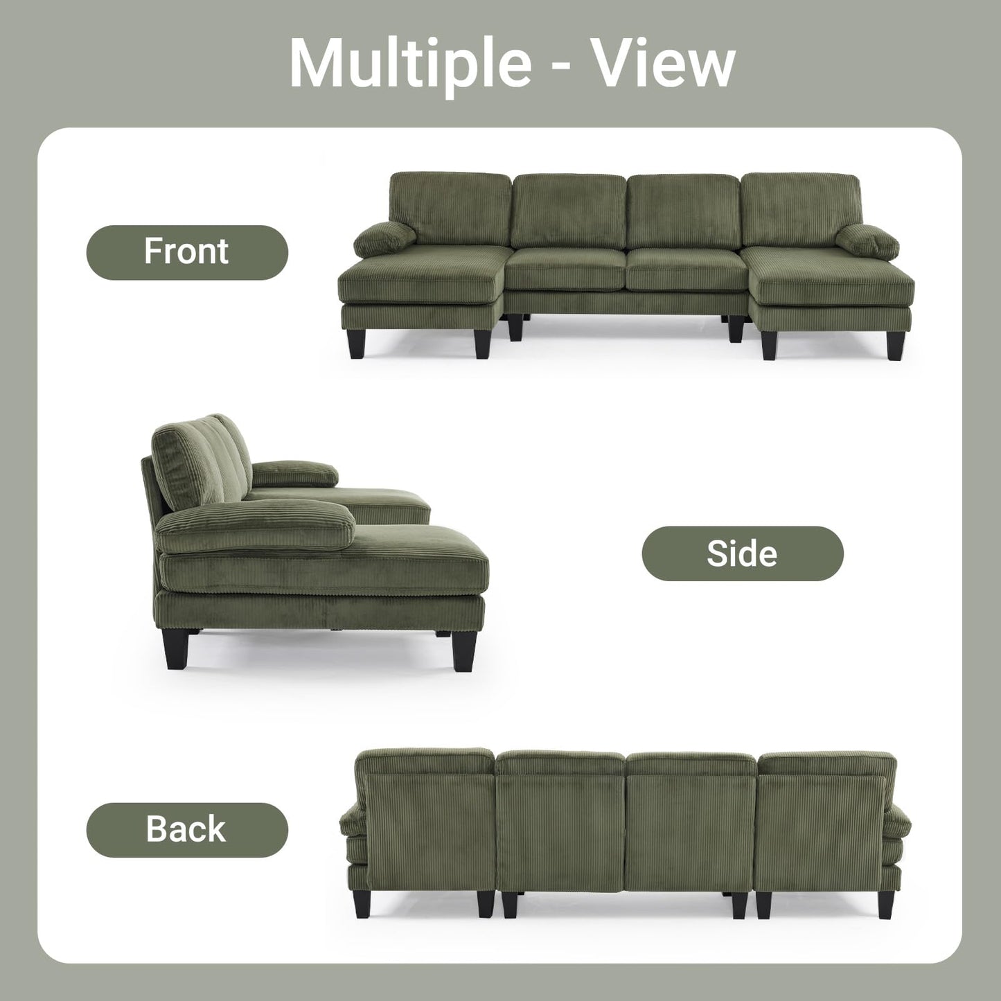 VINGLI 110" Sectional Couches for Living Room,U Shaped Couch with Double Chaise, 4-Seat Sofa Set with Corduroy Fabric for Home Furniture,Green