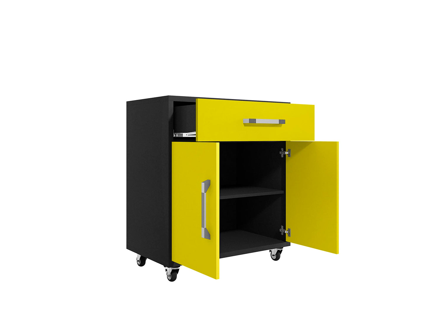 Manhattan Comfort Eiffel 28.35" Rolling Garage Cabinet with 1 Drawer, Soft Close Doors, and 2 Shelving Spaces, Wooden Mobile Outdoor Storage for Kitchen Pantry, Laundry, Office and Shop, Yellow