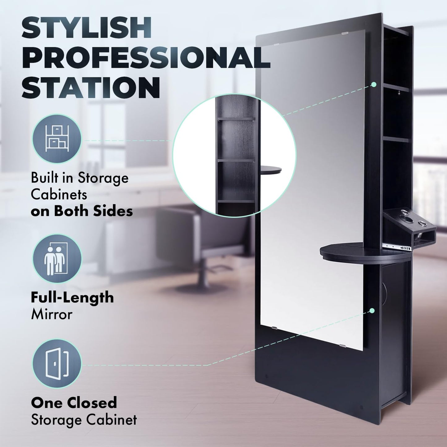 Buy-Rite Allegro Hair Styling Station, Black Salon Cabinet with Full-Length Mirror, Slide-Out Appliance Organizer, Quick-Access Tool Holder, 9 Storage Compartments, OD-1903B-BLK
