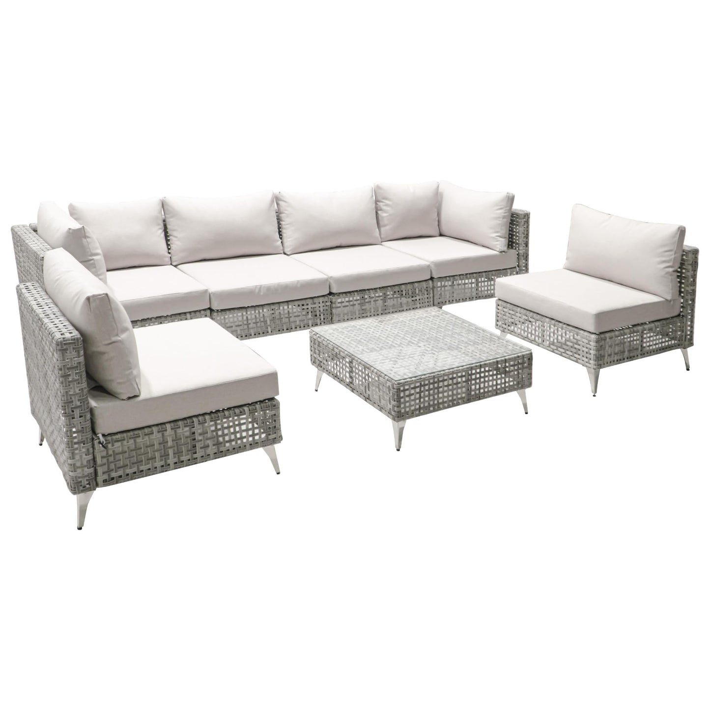 Merax 7 Piece Outdoor Patio Furniture Sets - 8-Seat PE Wicker Sectional Sofa w/Rattan Chaise Lounge & Thick Cushions, 29" Coffee Table w/Glass Top for Garden, Couch, Porch, Backyard Gray