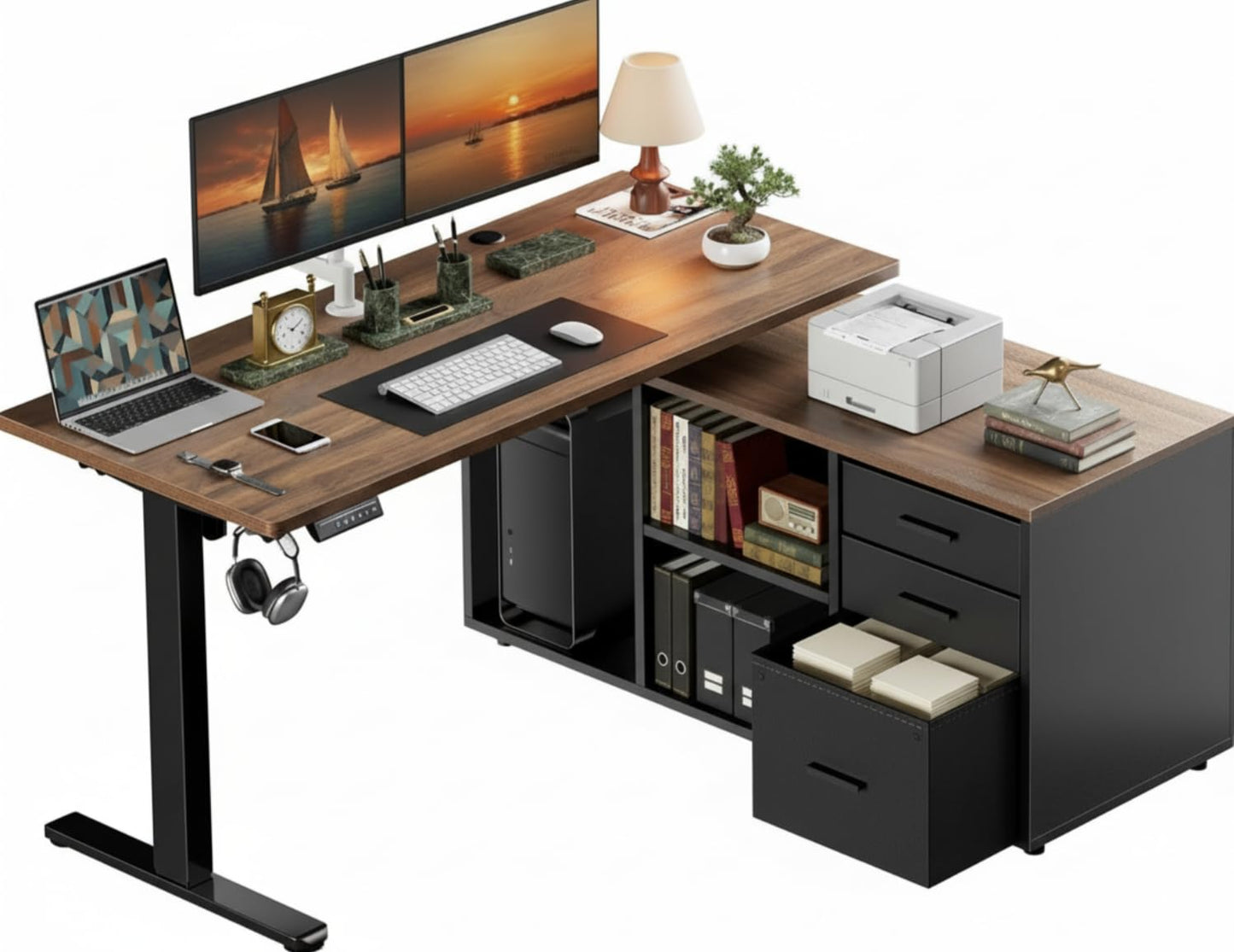 Marsail L-Shaped Executive Standing Desk with File Cabinet, 55" x 24" Electric Height Adjustable Stand up Desk, One-Whole Piece Desktop, Home Office Modern Computer Desk with 4 Memory Presets