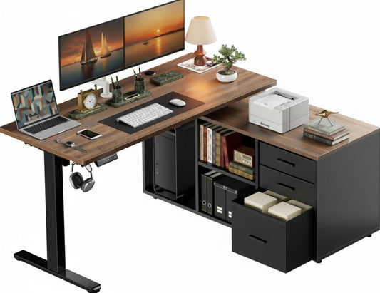 Marsail L-Shaped Executive Standing Desk with File Cabinet, 55" x 24" Electric Height Adjustable Stand up Desk, One-Whole Piece Desktop, Home Office Modern Computer Desk with 4 Memory Presets