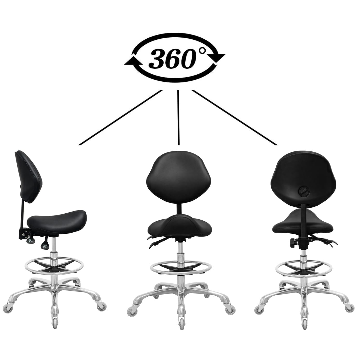 Nazalus Saddle Stool Chair with Back Support Footrest, Heavy-Duty(350LBS), Hydraulic Rolling Swivel Adjustable Stool Chair for Salon Spa Beauty Massage Dental Clinic Home Office Use(Black)