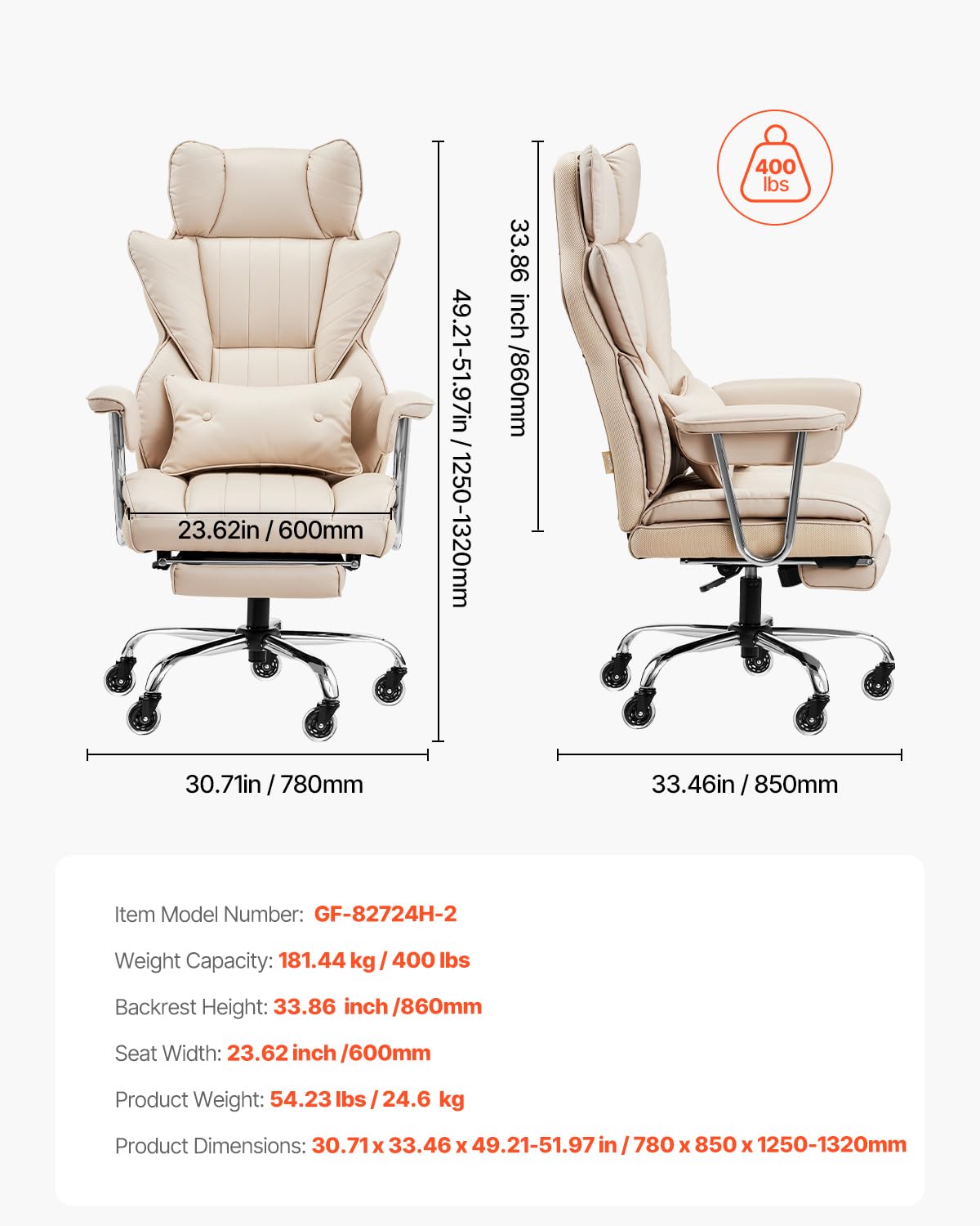 VEVOR Executive Office Chair with Footrest, 400lb Capacity Oversize Office Chair with Lumbar Pillow & Removable Armrests, Heavy Duty Ergonomic Chair, PU Leather Reclining Home Office Desk Chair, Brown