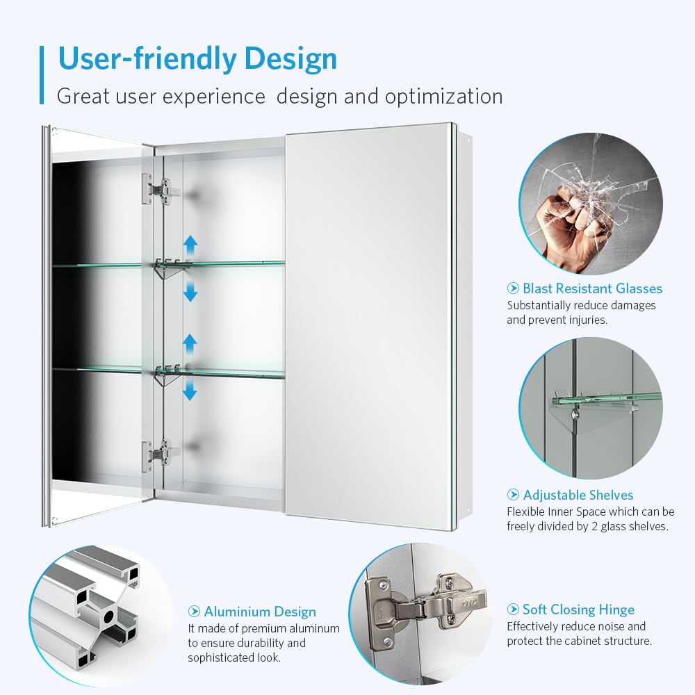 Quavikey 24"x26" 2-Door Medicine Cabinet with Mirror, Recessed or Surface