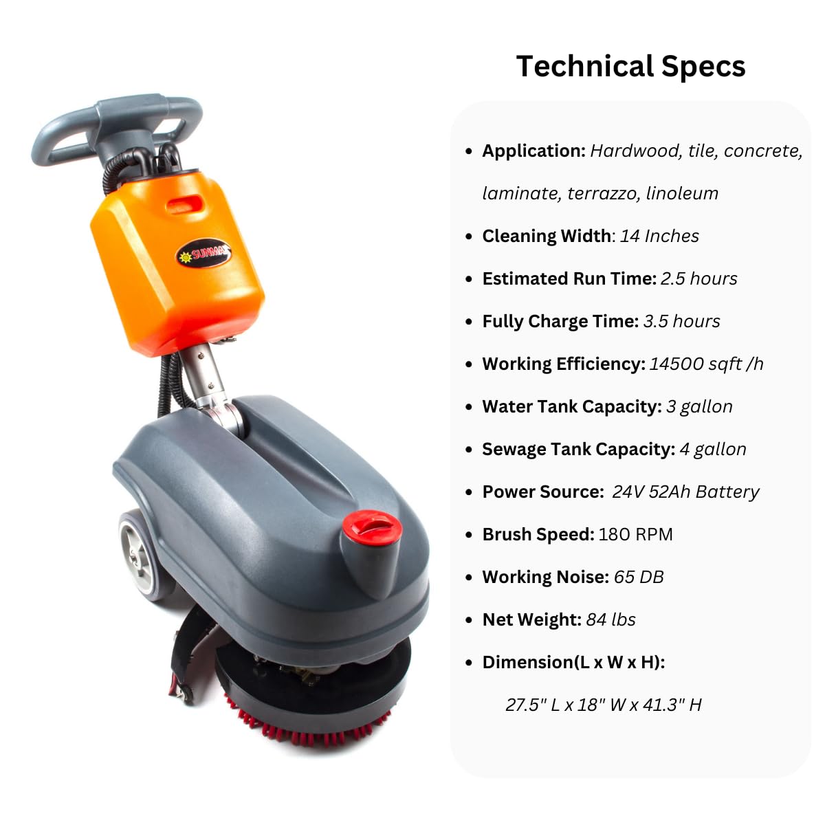 14" Commercial Compact Floor Scrubber Dryer Machine, 14500 sqft/h, 4-Gal Sewage Tank, 3.5 Hour Fast Charging Efficient Cleaning for Hard Floors | RT15+