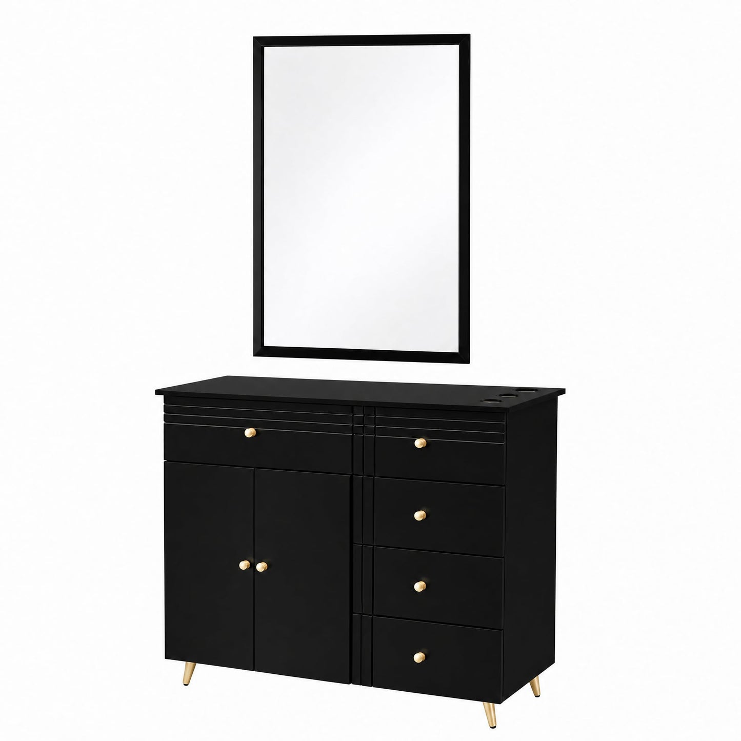 Merax Barber Salon Station with Metal Frame Mirror, Barber Cabinet Gold Legs & Handles, Multi-Zone Storage, 1 Storage Cabinet, 5 Drawers, Desktop Holes, Easy Assembly for Hair Salon, Black+Gold