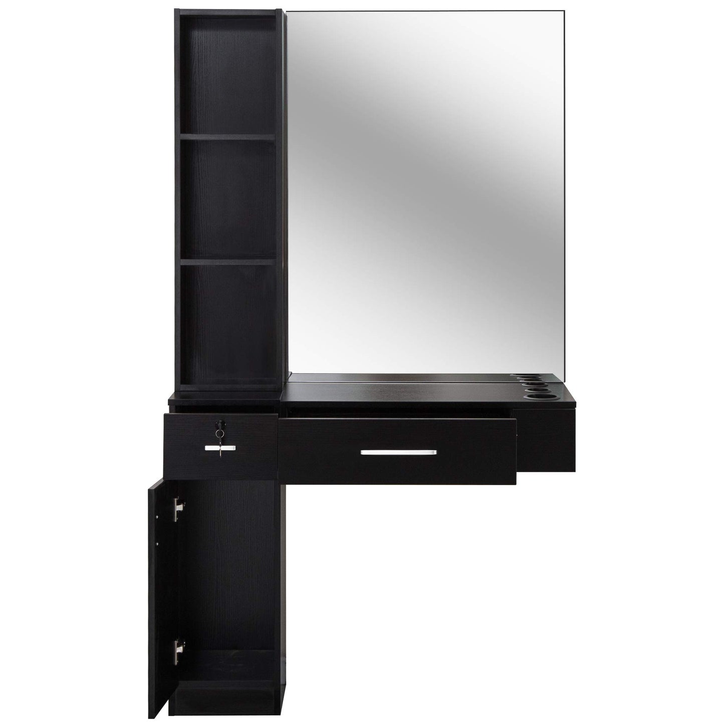 BarberPub Wall Mount Hair Styling Station with Mirror Beauty Salon Spa Equipment Set with 3 Hair Dryer Holders 3036 (Black)