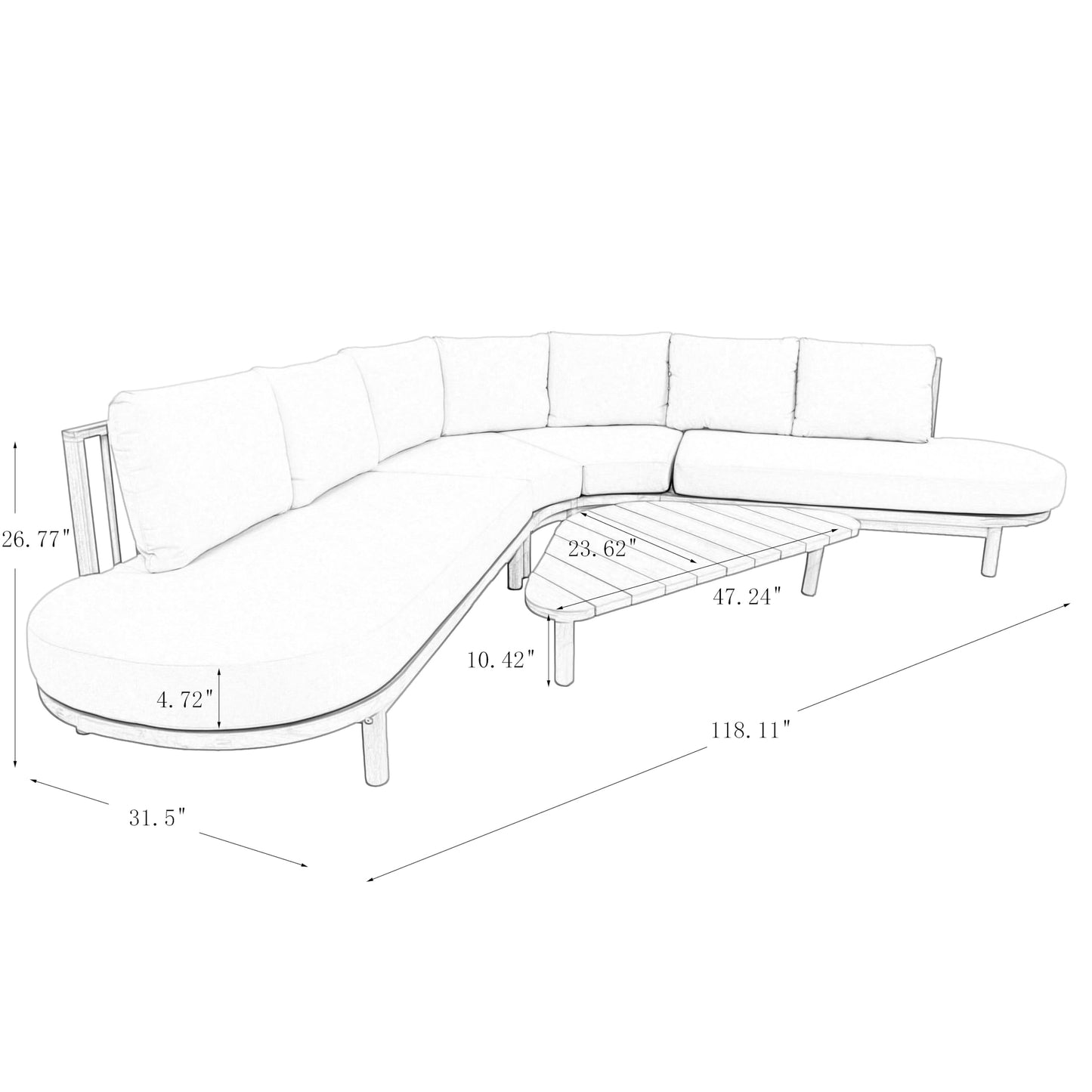Merax 5 Piece Patio Acacia Wood Curved Sectional Sofa Set, Outdoor Half- Moon Sofa Couch with Waterproof Cushions, 1 Coffee Table for Garden, Lawn, Backyard, Poolside, Beige+Brown