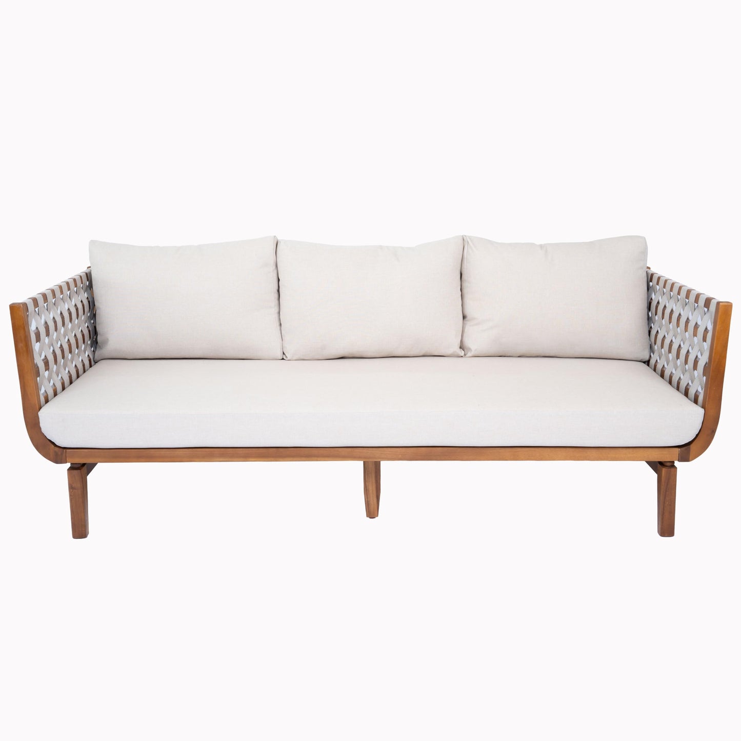 Merax 3 Piece Outdoor Patio Furniture Set,All-Weather Acacia Wood Sectional Sofa with Ottoman,1 Coffee Table for Porch, Lawn, Backyard, Balcon,Beige Rope & Water-Repellent Fabric Cushions,Teak+ Beige