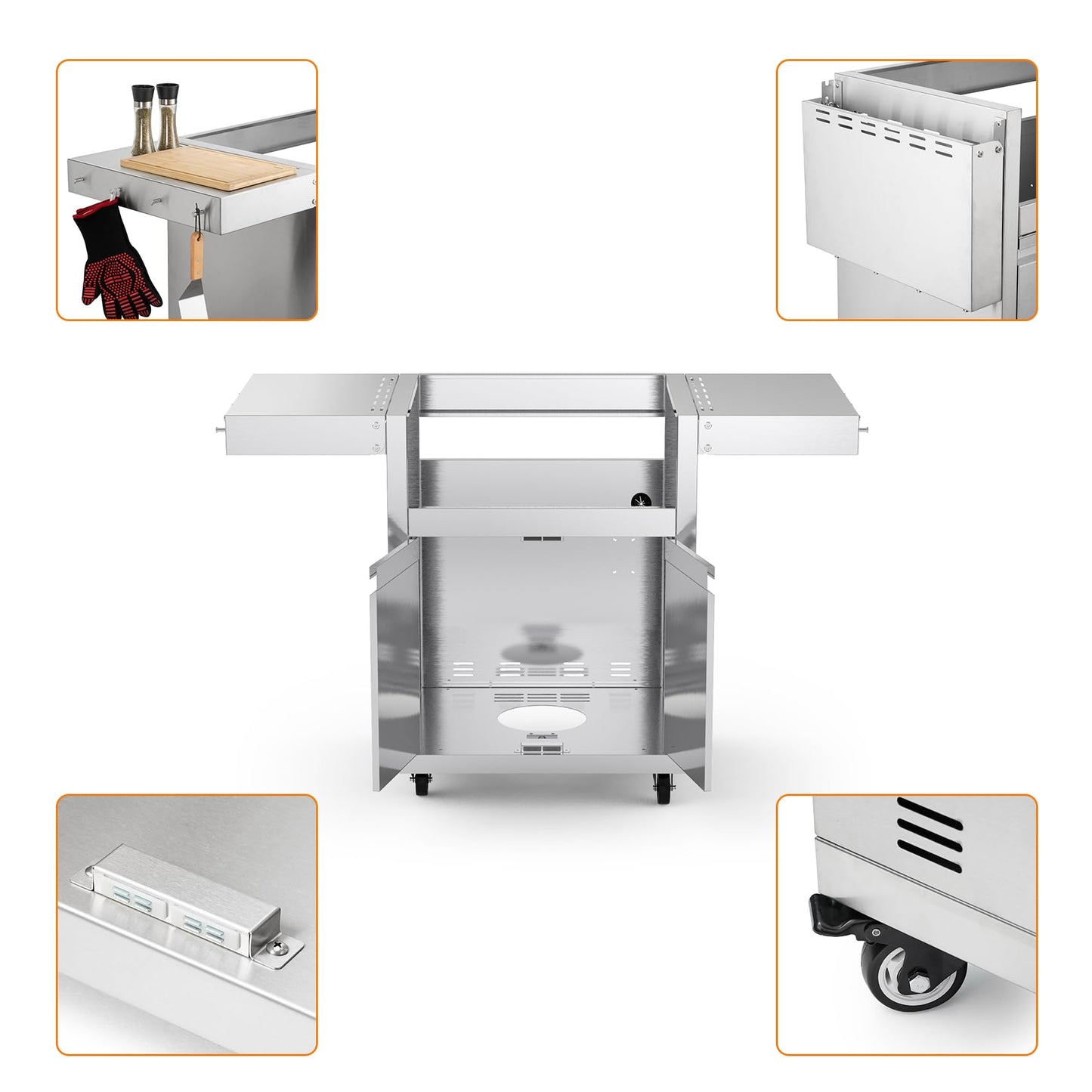 Stainless Steel Grill Cart for Hygrill 3-Burner Built-In Gas Grill, Outdoor Kitchen Island with Foldable Side Shelves and Storage Cabinet