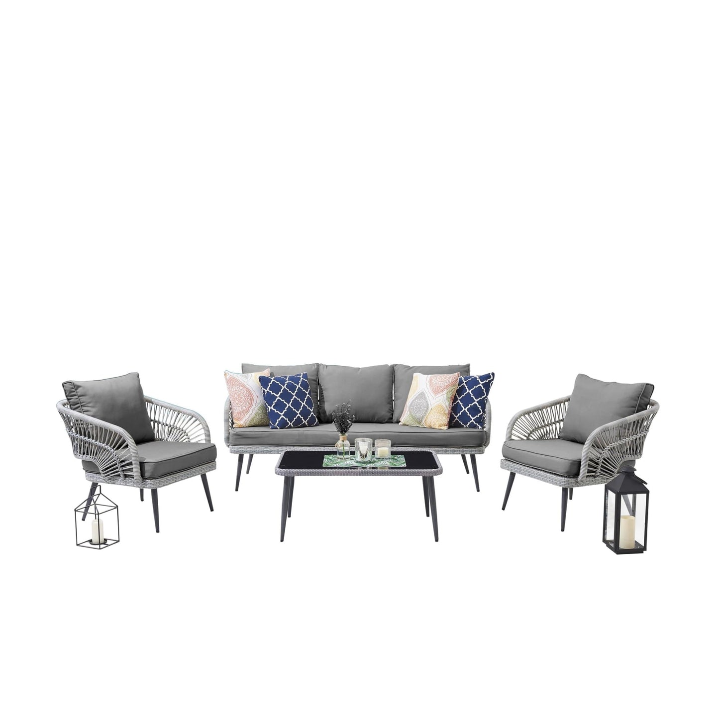 Manhattan Comfort Riviera 4-Piece 5 Seater Patio Conversation Set with Cushions, Grey