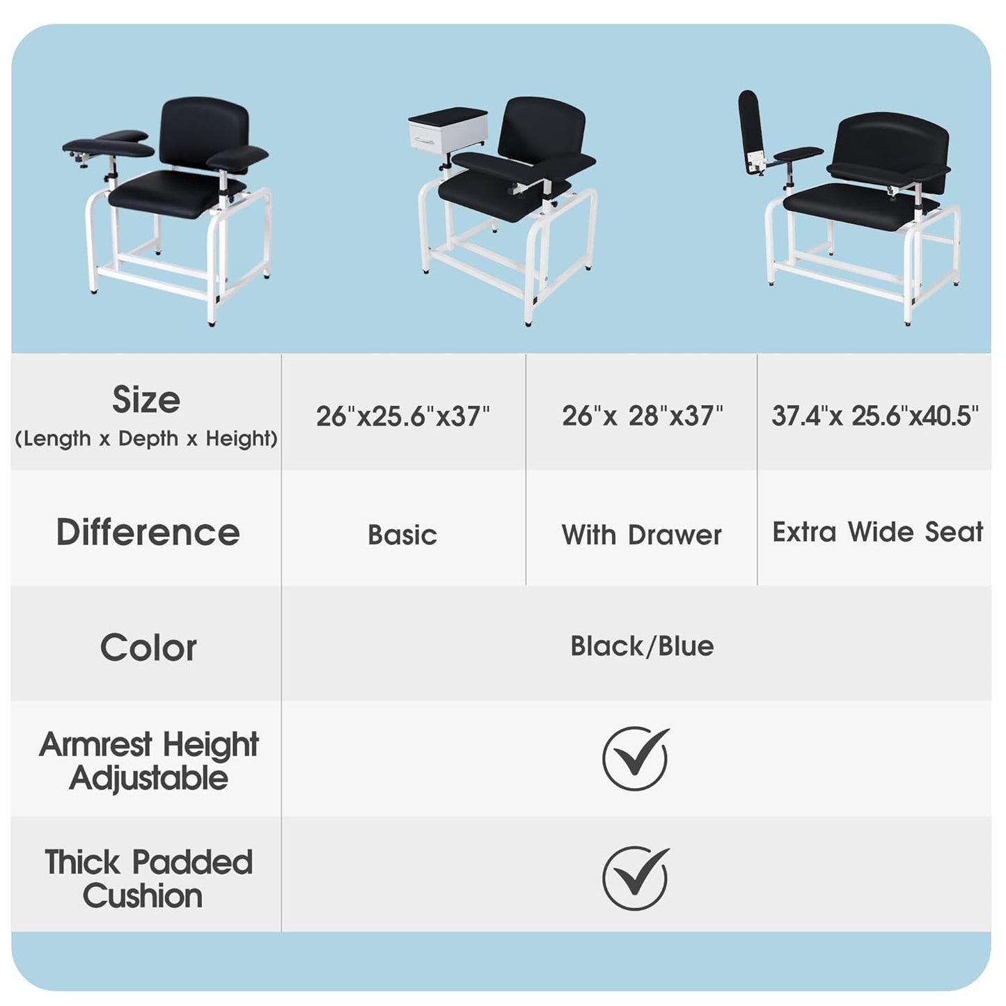 COOLWAVE Extra Thick Padded Phlebotomy Chair with Arms Black