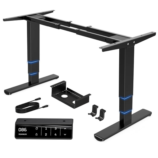 HUANUO Height Adjustable Electric Standing Desk Frame, 3 Stage Leg Dual Motors Sit Stand Desk Frame with Memory Controller for Home Office, for Max 75″ x 35″ Desktop, Frame Only, Black