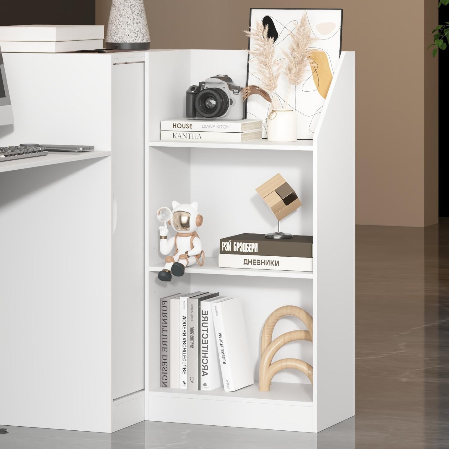 AIEGLE Modern Reception Desk, Front Desk Reception Counter, 47.2" W L Shaped Check Out Counter with Storage, LED Lights, Cable Grommet & Glass Display Shelf for Salon, Lobby, White